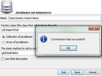 Mendefinisikan source JavaBean yang dipakai untuk preview laporan di iReport